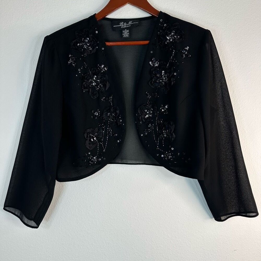 Vintage R&M Collection Sheer Black Floral Embellished Bolero Cardigan Womens 16